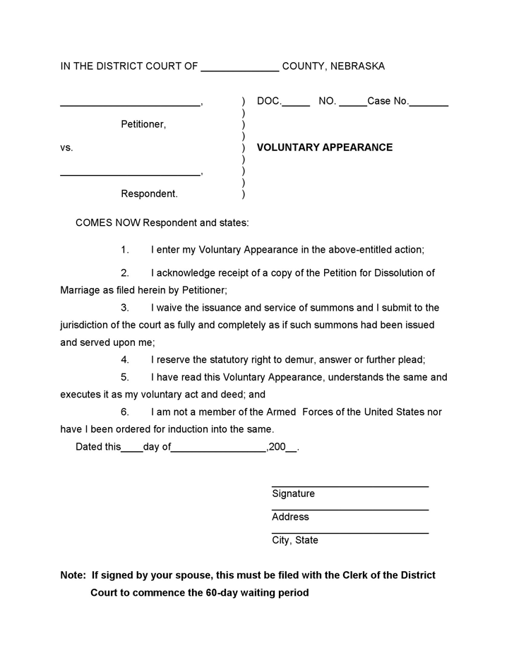 Nebraska Voluntary Appearance Form