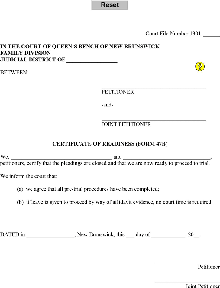 New Brunswick Certificate of Readiness (Affidavit - Joint) Form
