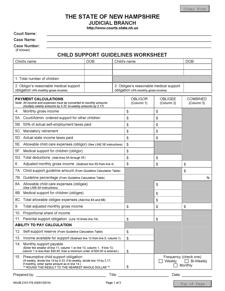 New Hampshire Child Support Guidelines Worksheet Form
