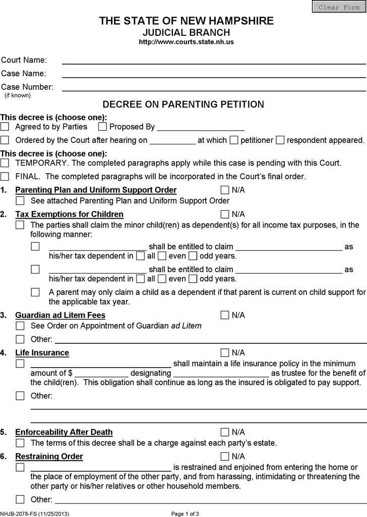 New Hampshire Decree on Parenting Petition Form