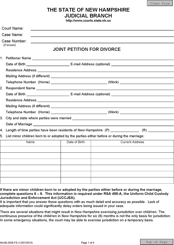 New Hampshire Joint Petition for Divorce Form