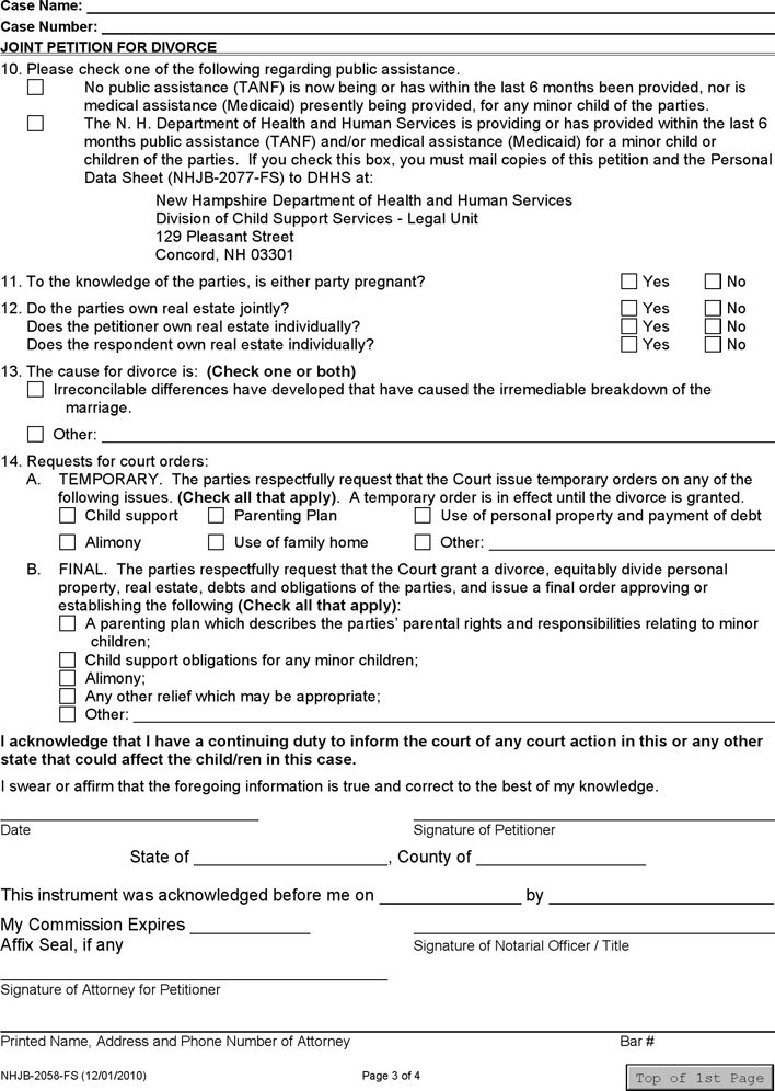 New Hampshire Joint Petition for Divorce Form Page 3