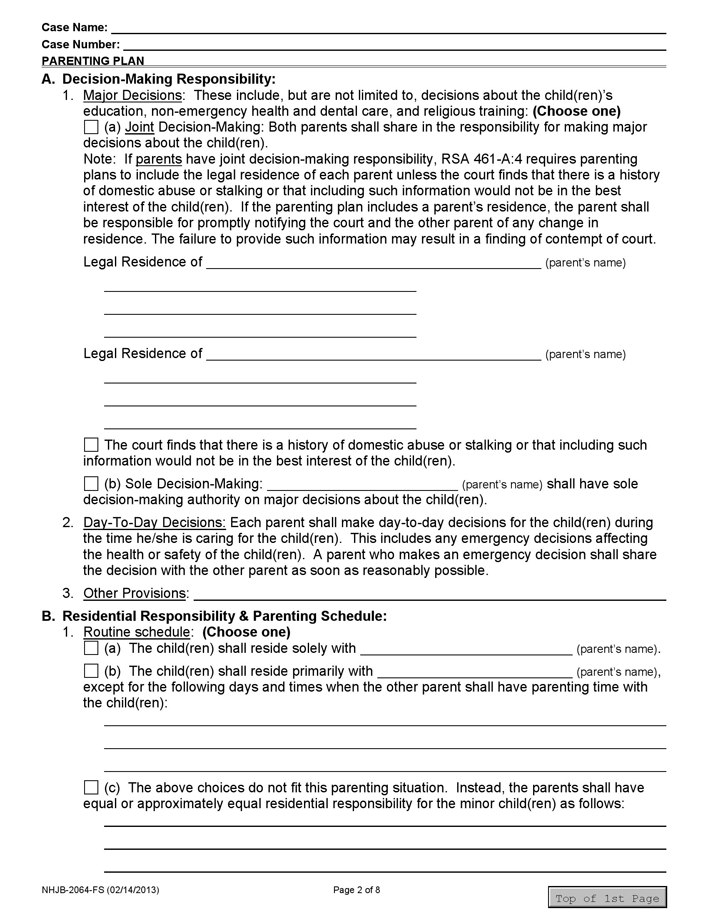 New Hampshire Parenting Plan Form Page 2