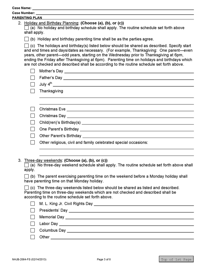 New Hampshire Parenting Plan Form Page 3
