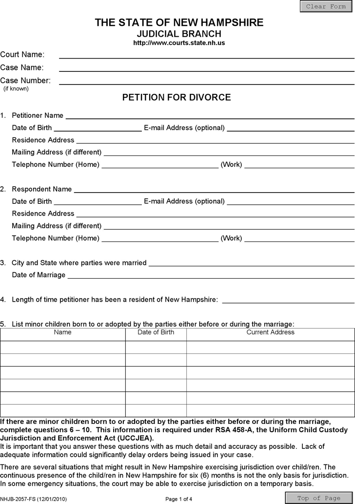 New Hampshire Petition for Divorce Form