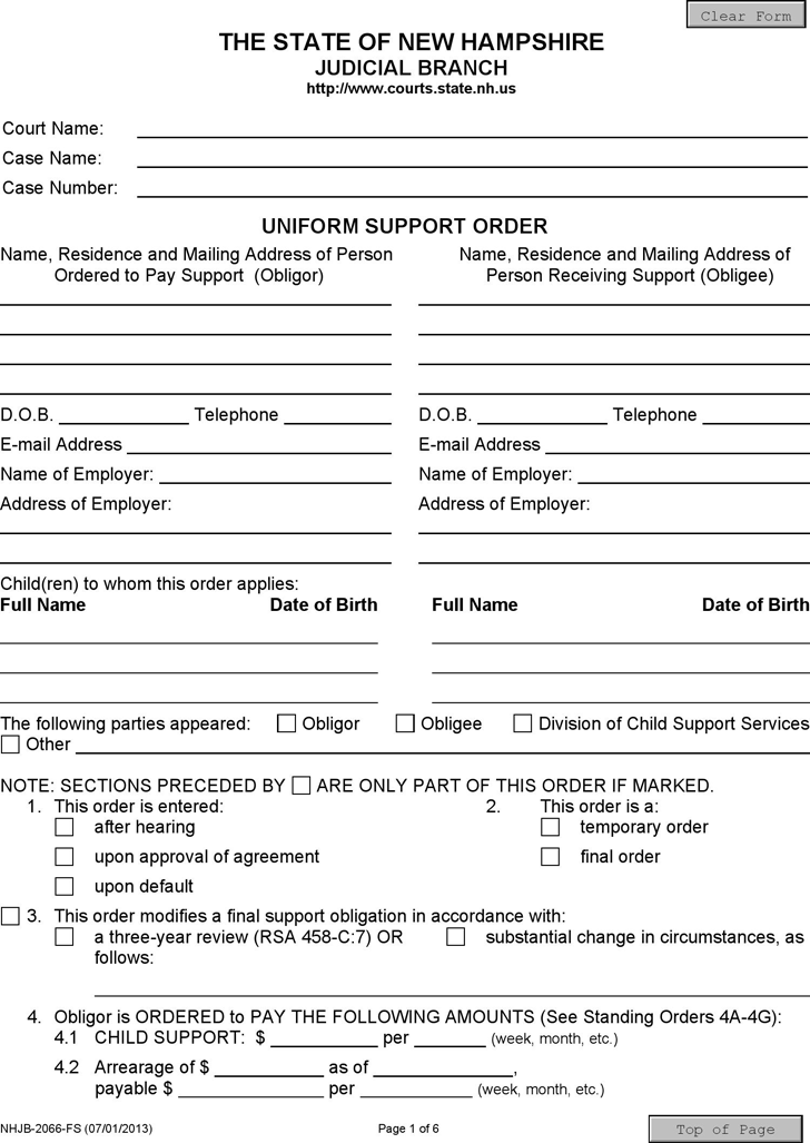 New Hampshire Uniform Support Order Form