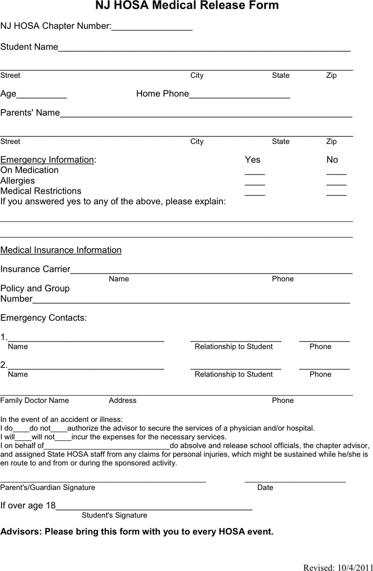 New Jersey HOSA Medical Release Form