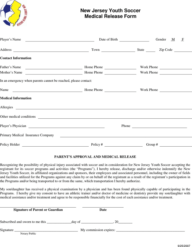 New Jersey Youth Soccer Medical Release Form