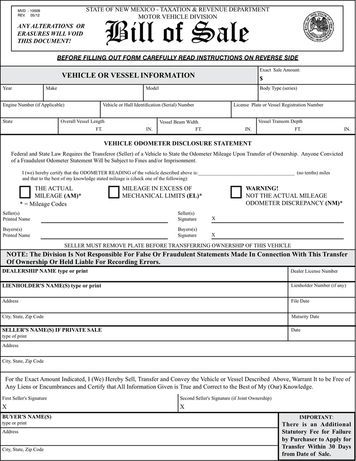 New Mexico Motor Vehicle Bill of Sale Form