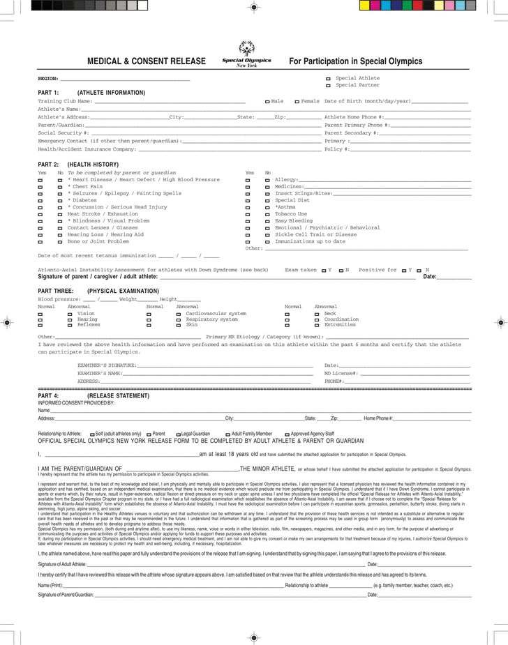 New York Medical Release Form For Participation in Special Olympics