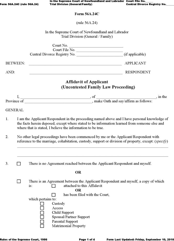 Newfoundland and Labrador Affidavit of Applicant/Respondent (Uncontested Family Law Proceeding) Form