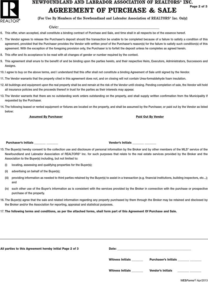 Newfoundland and Labrador Agreement of Purchase & Sales Form 2 Page 2