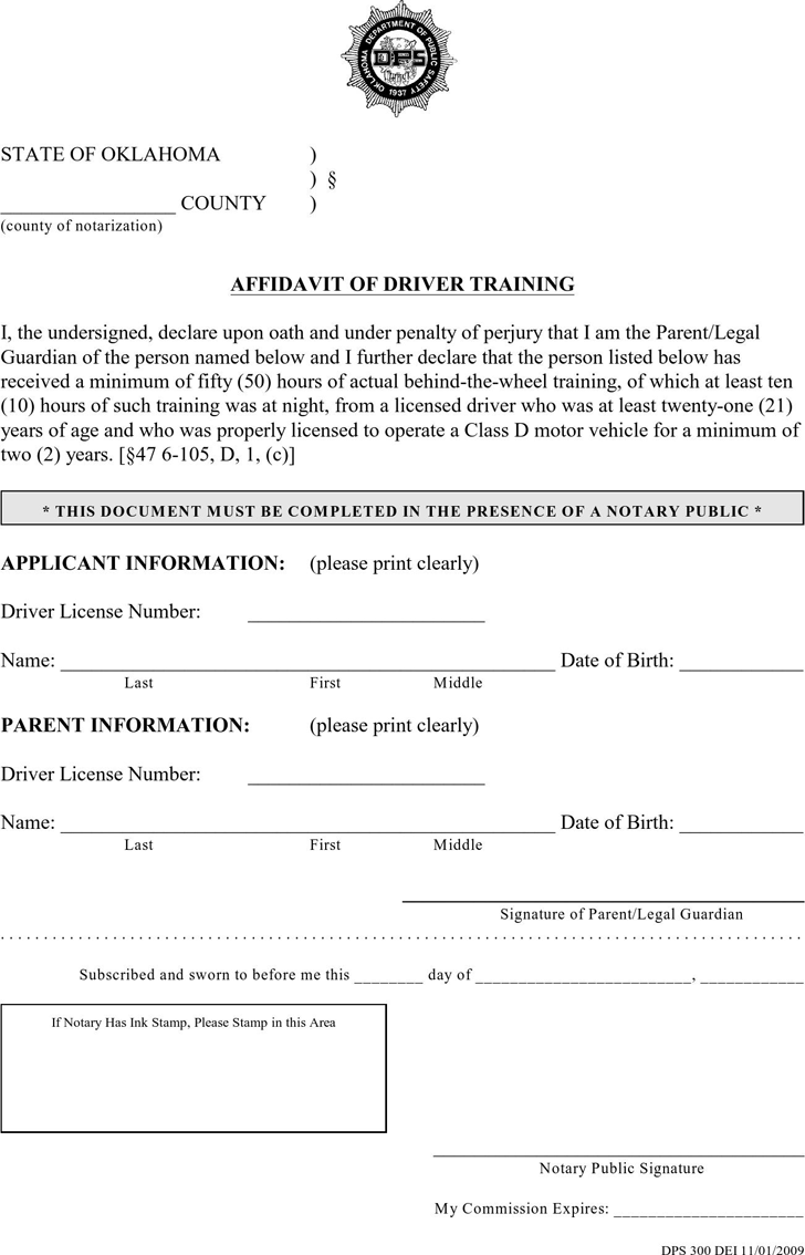 Oklahoma Affidavit of Driver Training Form