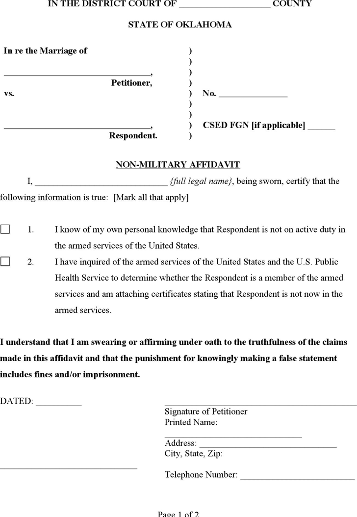 Oklahoma Non-Military Affidavit Form