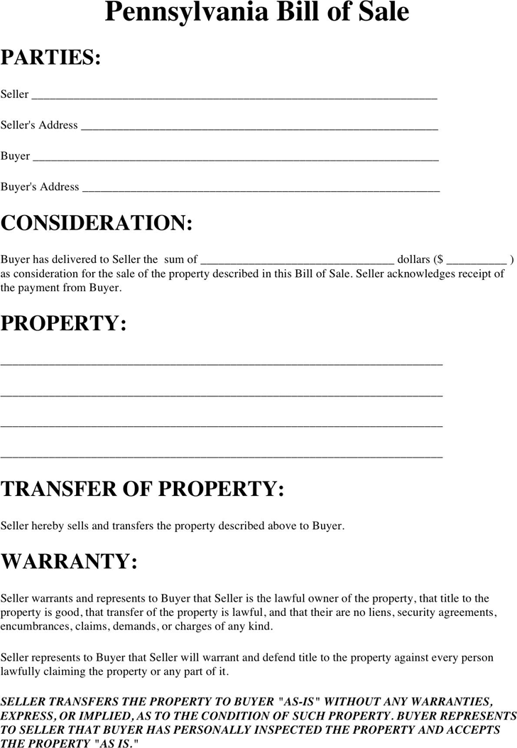 Pennsylvania Property Bill of Sale Form