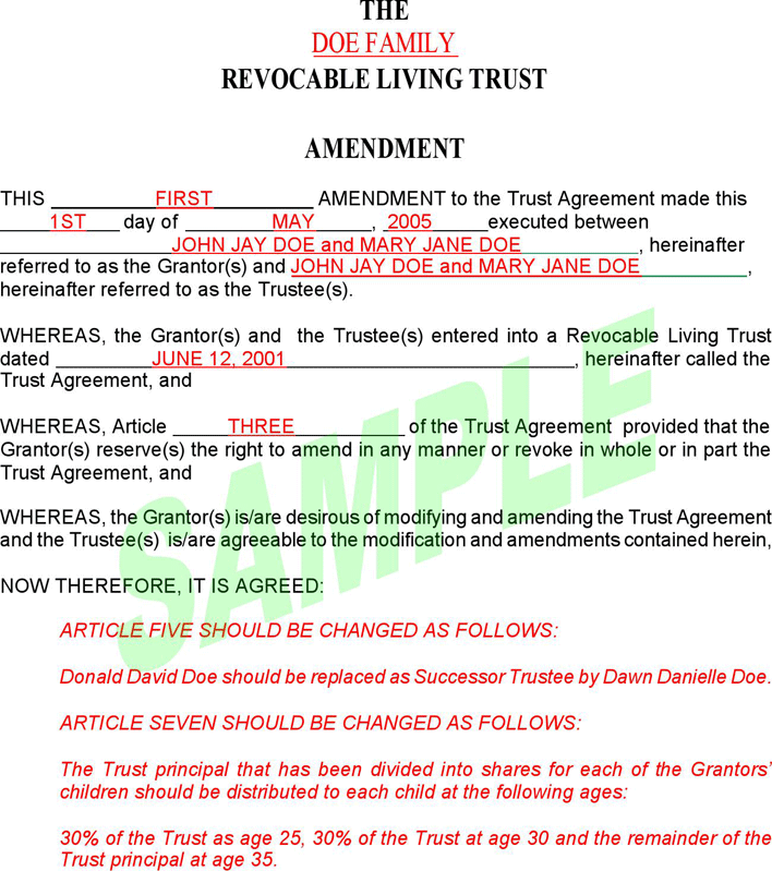 Revocable Living Trust Amendment Form Page 2