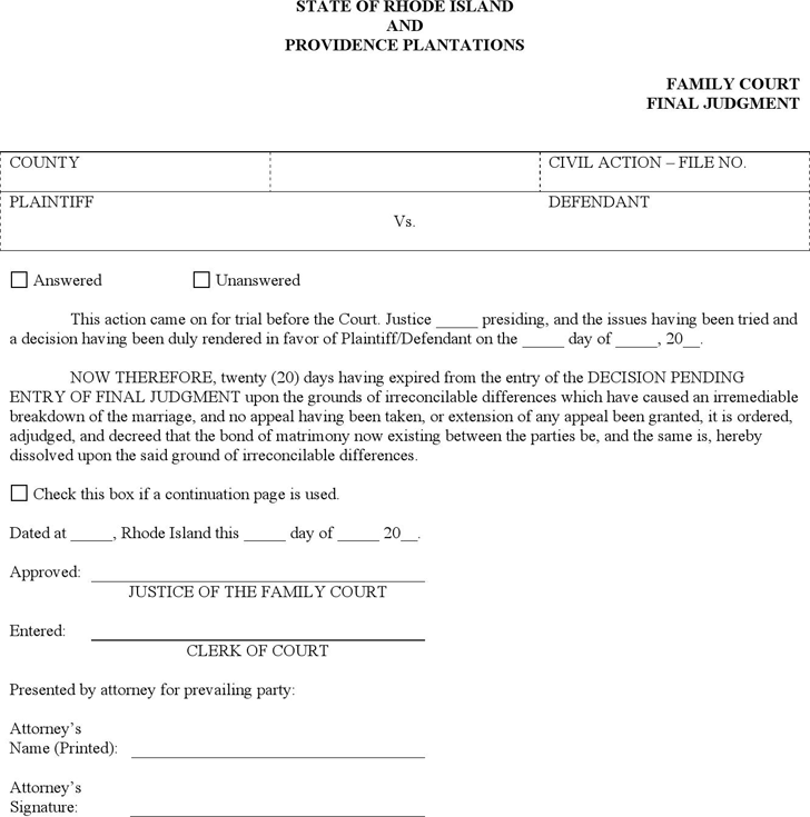 Rhode Island Final Judgment of Divorce Form
