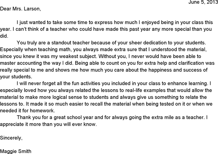 Sample Teacher Appreciation Letter