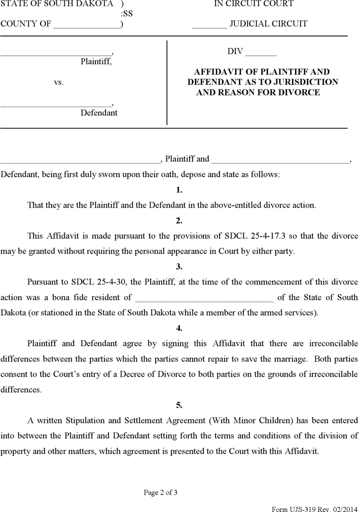 South Dakota Affidavit of Plaintiff and Defendant as to Jurisdiction and Grounds for Divorce (with Minor Children) Form Page 2