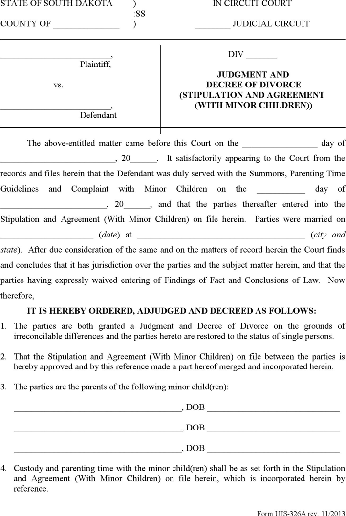 South Dakota Judgment and Decree of Divorce (Stipulation and Agreement with Minor Children) Form Page 2