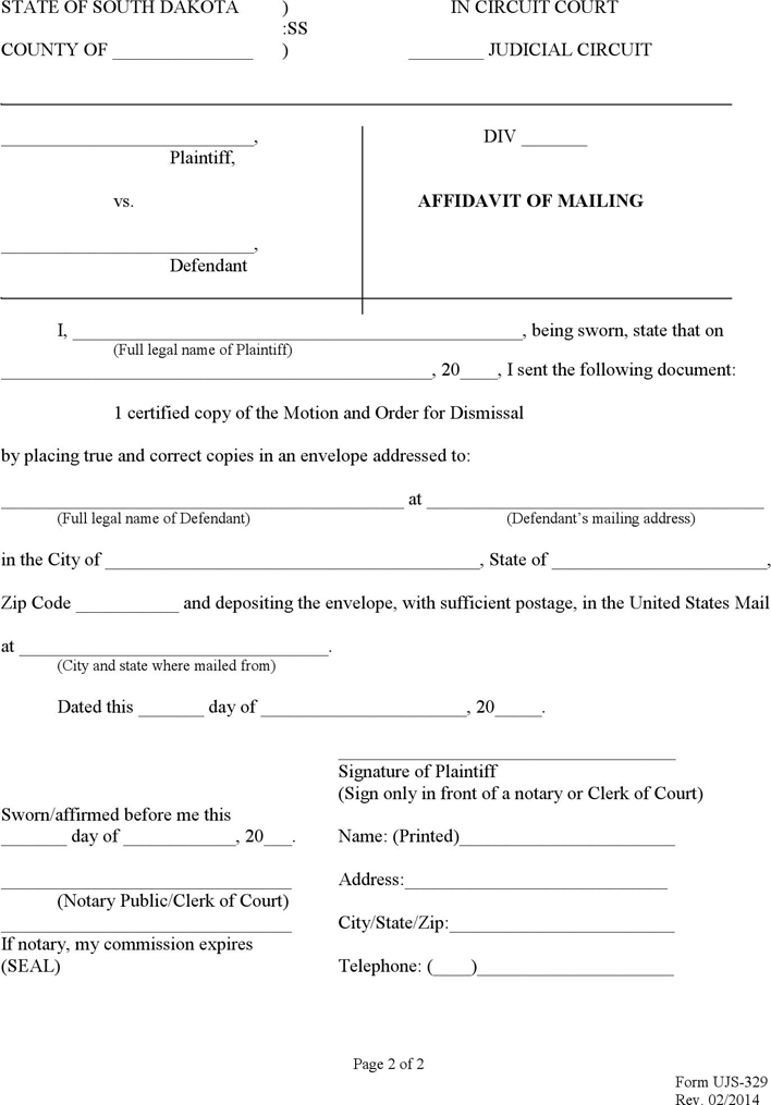 South Dakota Motion and Order for Dismissal Form Page 2