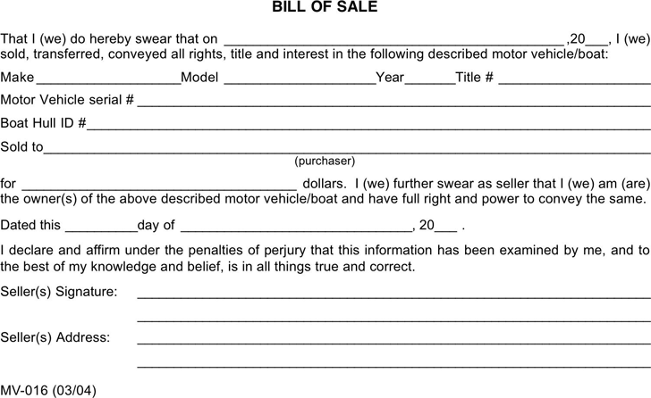 South Dakota Motor Vehicle Bill of Sale Form