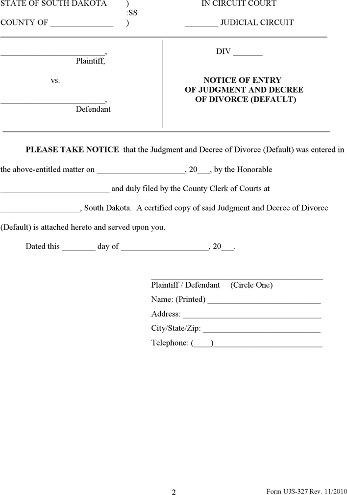South Dakota Notice of Entry of Judgment and Decree of Divorce (Default) Form Page 2