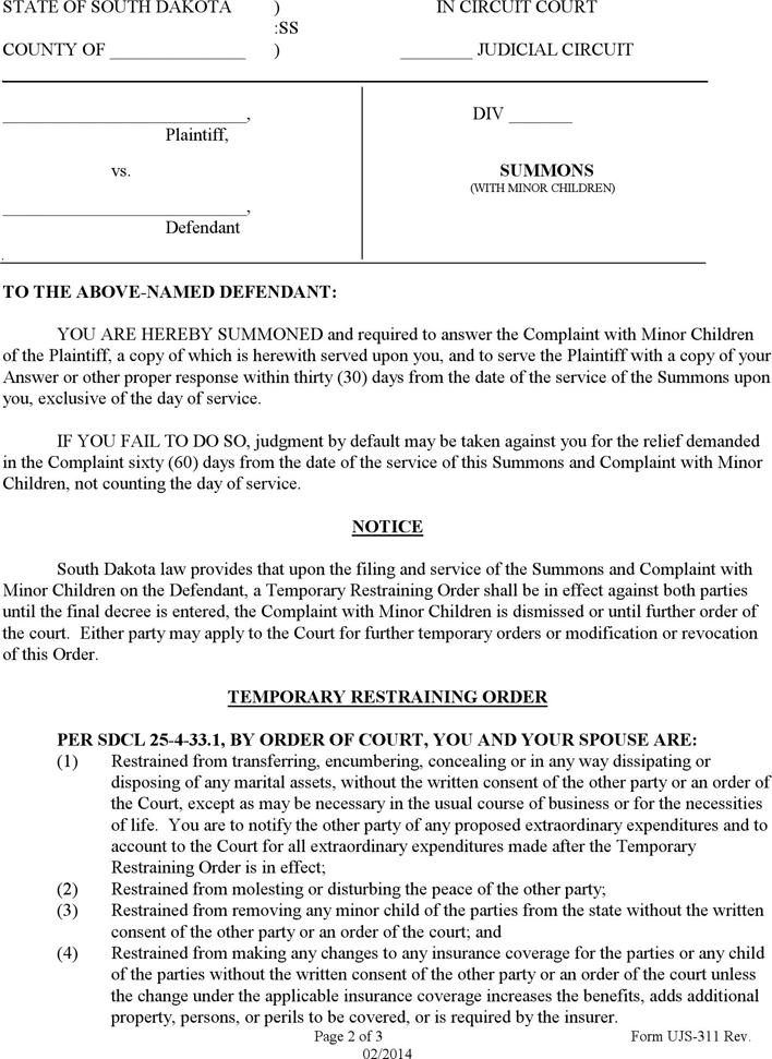South Dakota Summons (with Minor Children) Form Page 2
