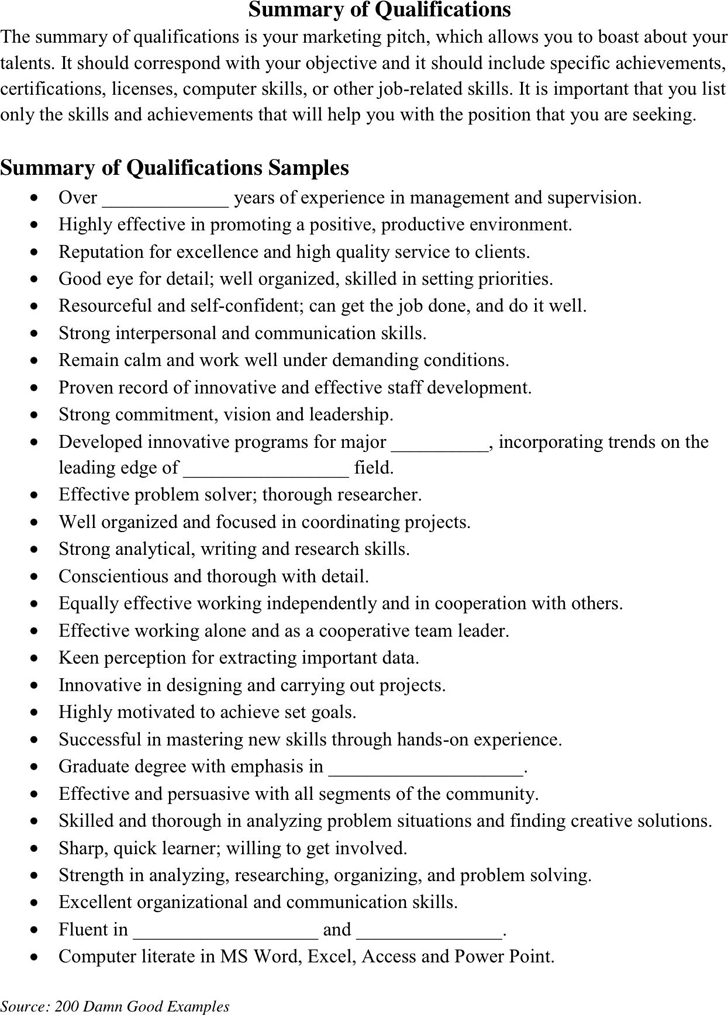 Summary of Qualifications Example 2