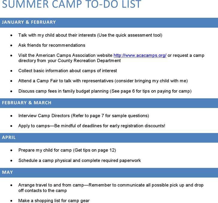 Summer Camp To Do List