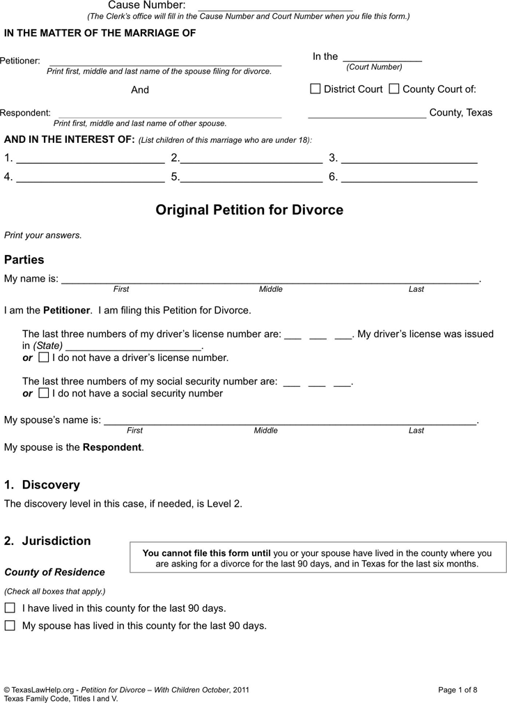 Texas Divorce Petition Form 1 (With Children)