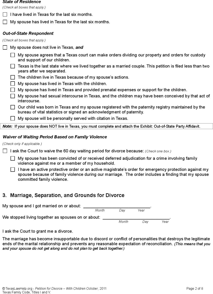 Texas Divorce Petition Form 1 (With Children) Page 2
