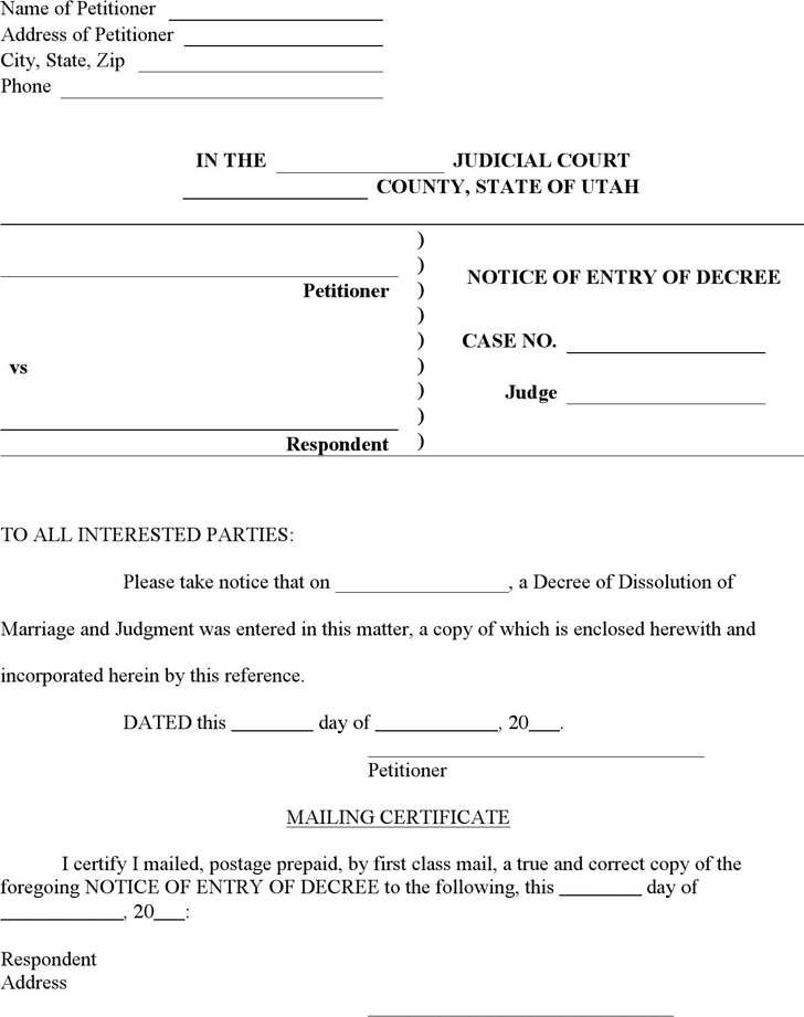 Utah Notice of Entry of Decree Form