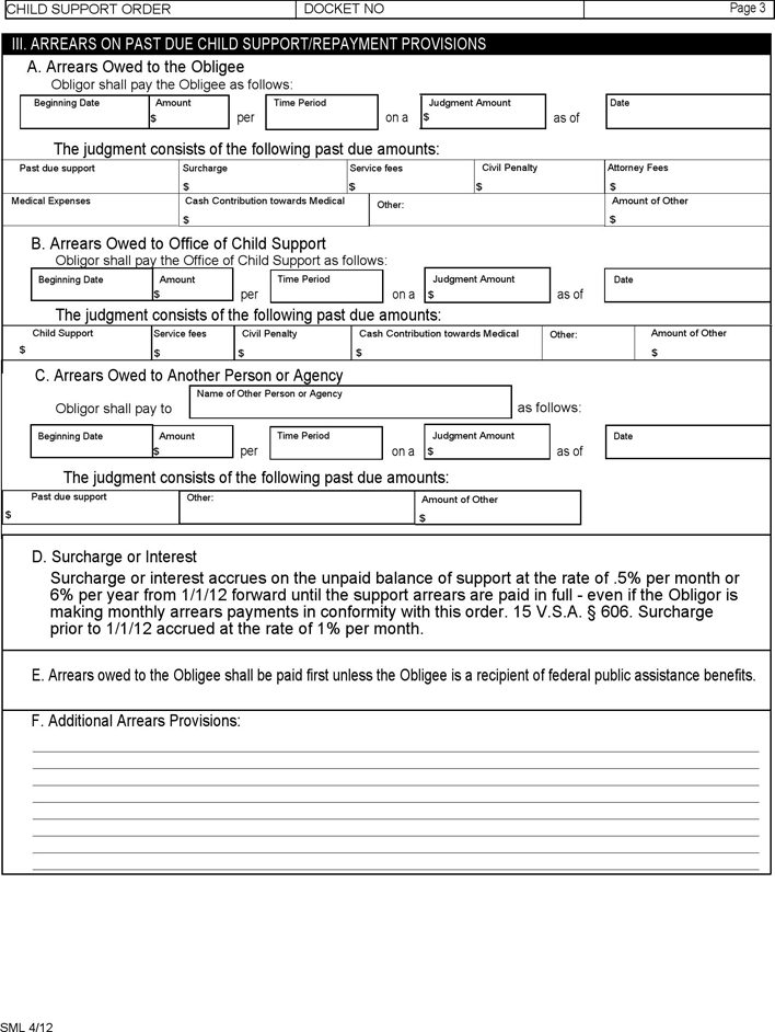 Vermont Child Support Order Form Page 3