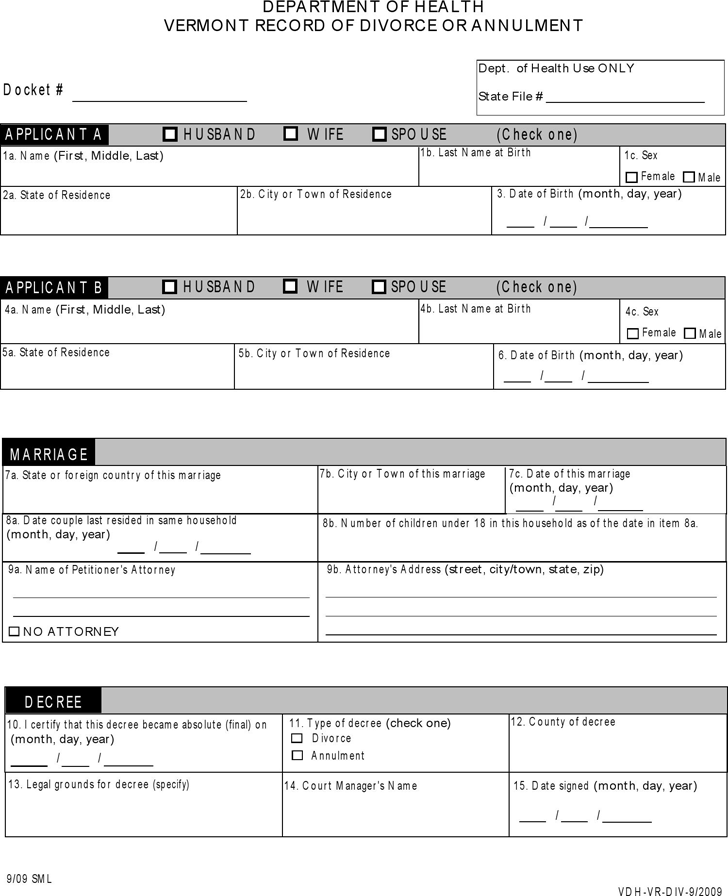 Vermont Department of Health Record of Divorce or Annulment Form