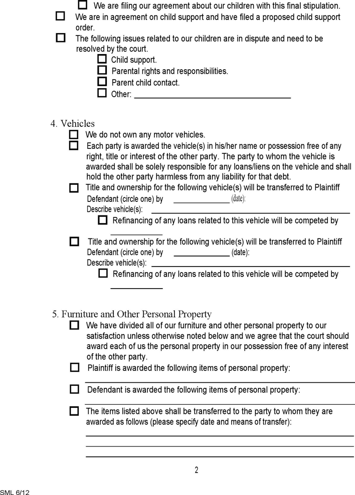 Vermont Final Stipulation: Property, Debts and Spousal Support Form Page 2