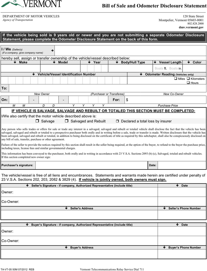 Vermont Motor Vehicle Bill of Sale Form