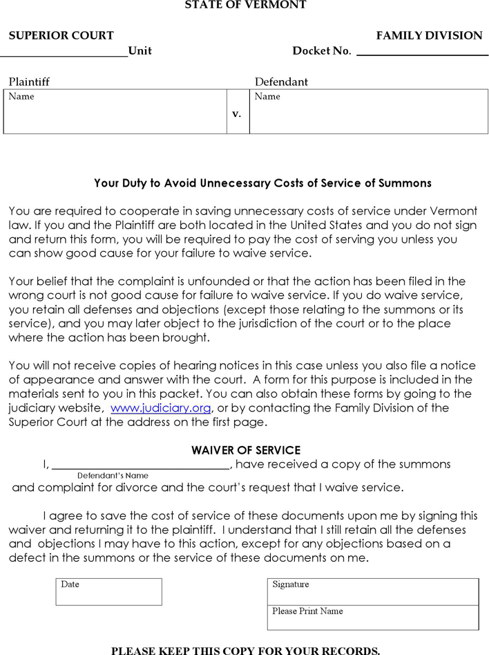 Vermont Notice of Action & Request for Waiver of Service No Kids Form Page 3