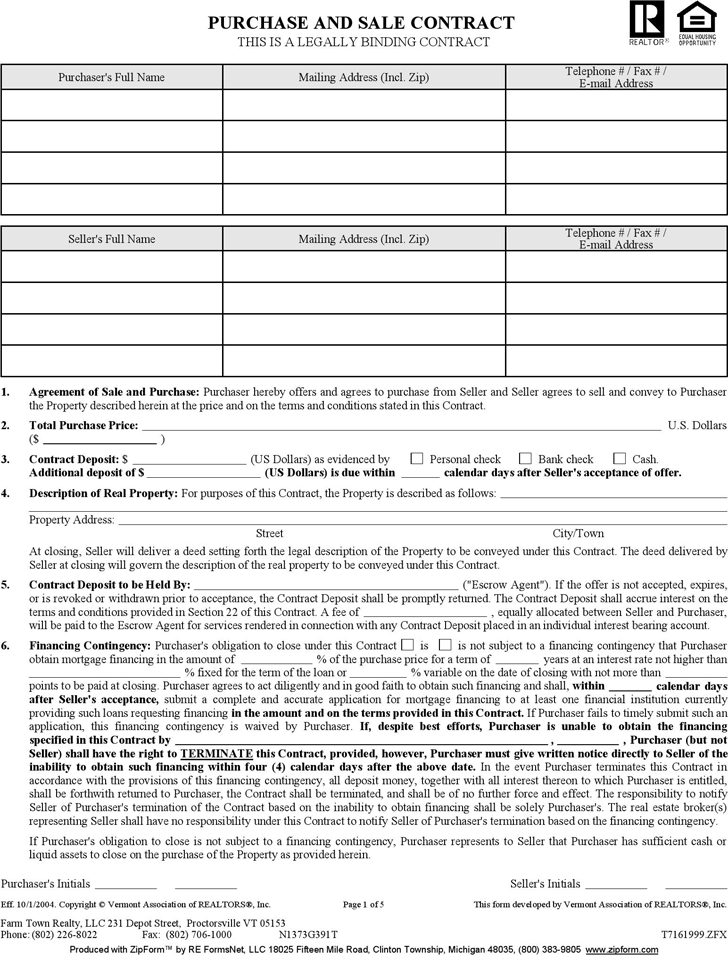 Vermont Purchase and Sale Contract Form