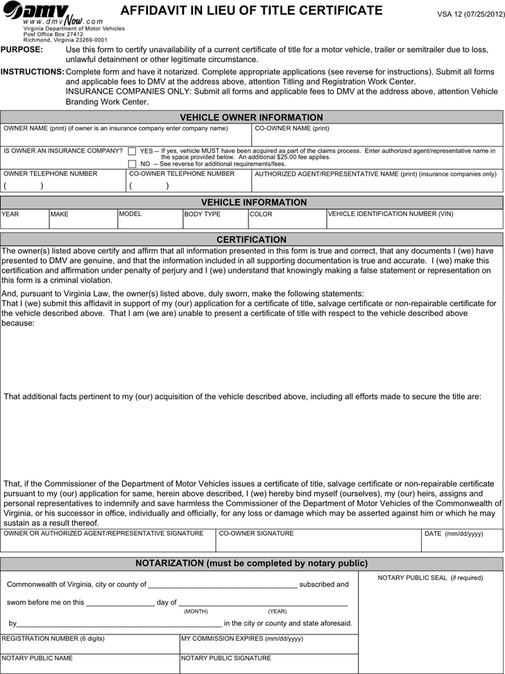 Virginia Affidavit in Lieu of Title Certificate