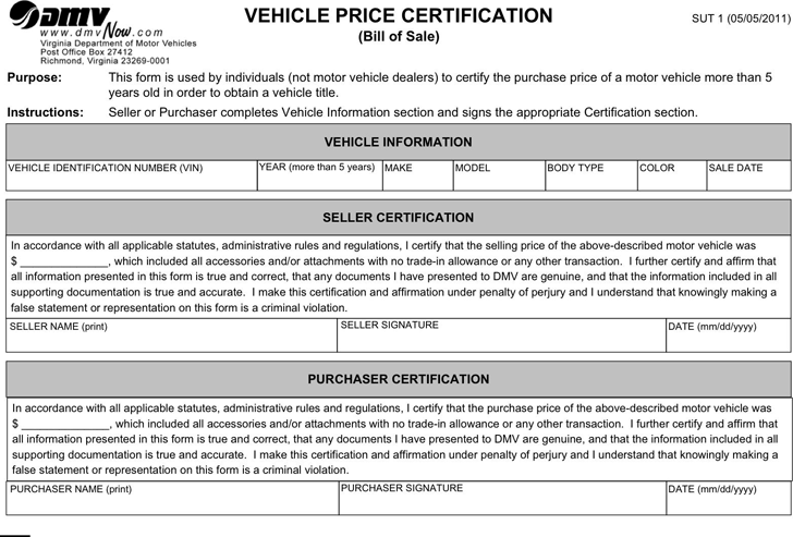 Virginia Motor Vehicle Bill of Sale Form