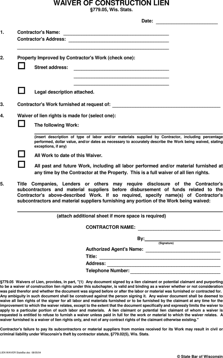 Free Wisconsin Waiver Of Construction Lien PDF KB Page S