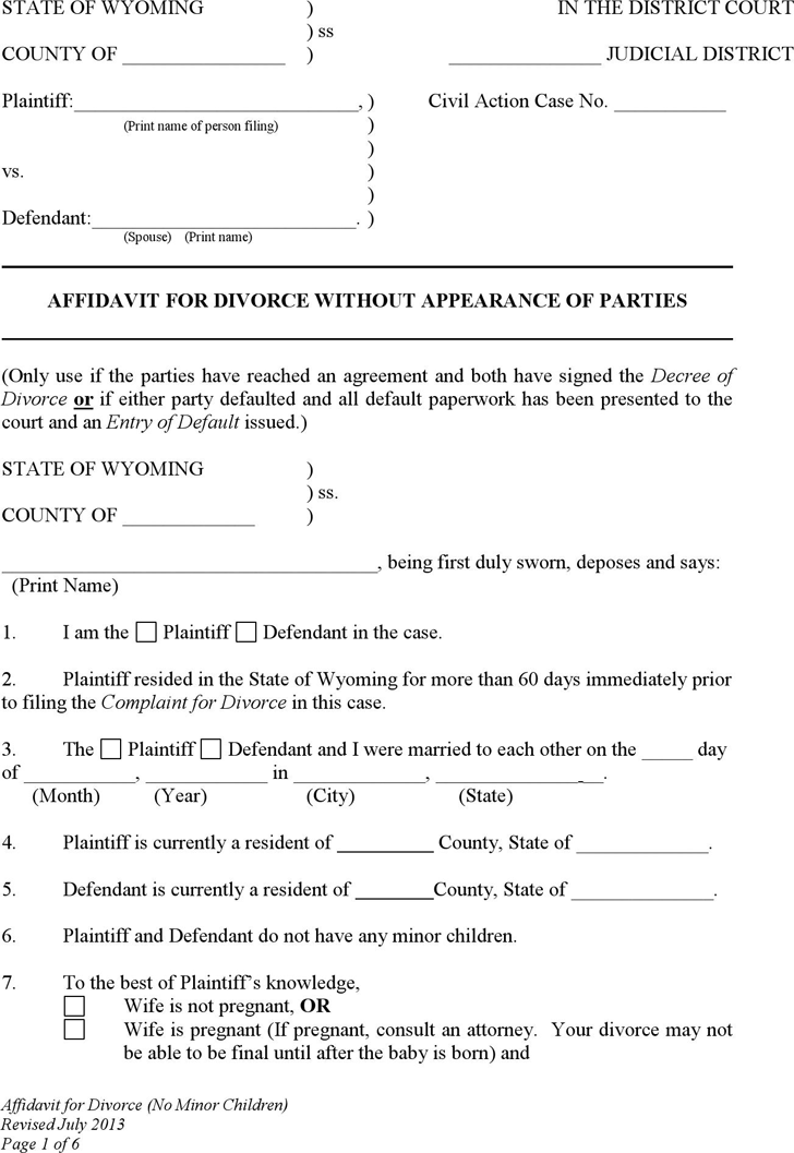 Wyoming Affidavit for Divorce without Appearance of Parties (No Children) Form