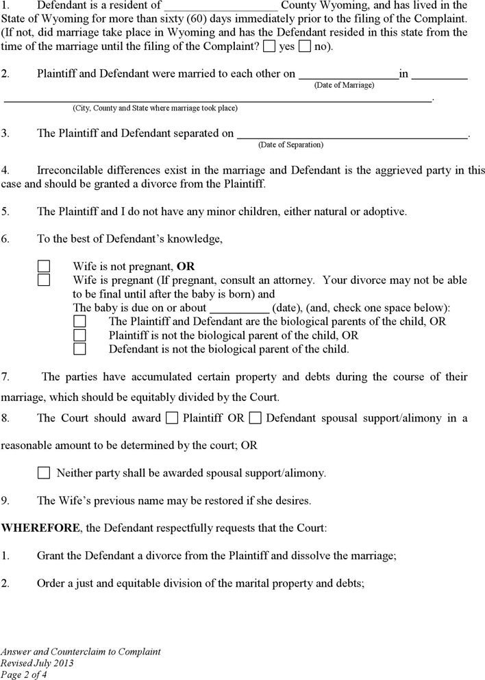 Wyoming Answer and Counterclaim to Complaint for Divorce (No Children) Form Page 2