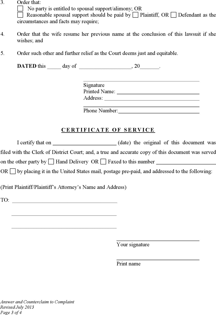 Wyoming Answer and Counterclaim to Complaint for Divorce (No Children) Form Page 3