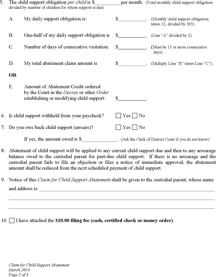 Wyoming Claim for Child Support Abatement Form Page 2