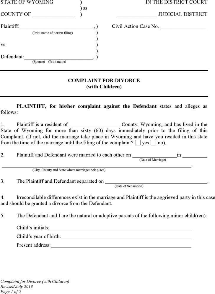 Wyoming Complaint for Divorce (with Children) Form
