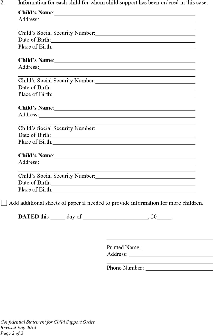 Wyoming Confidential Statement for Child Support Order Form Page 2