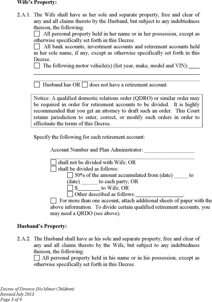 Wyoming Decree of Divorce (No Children) Form Page 3