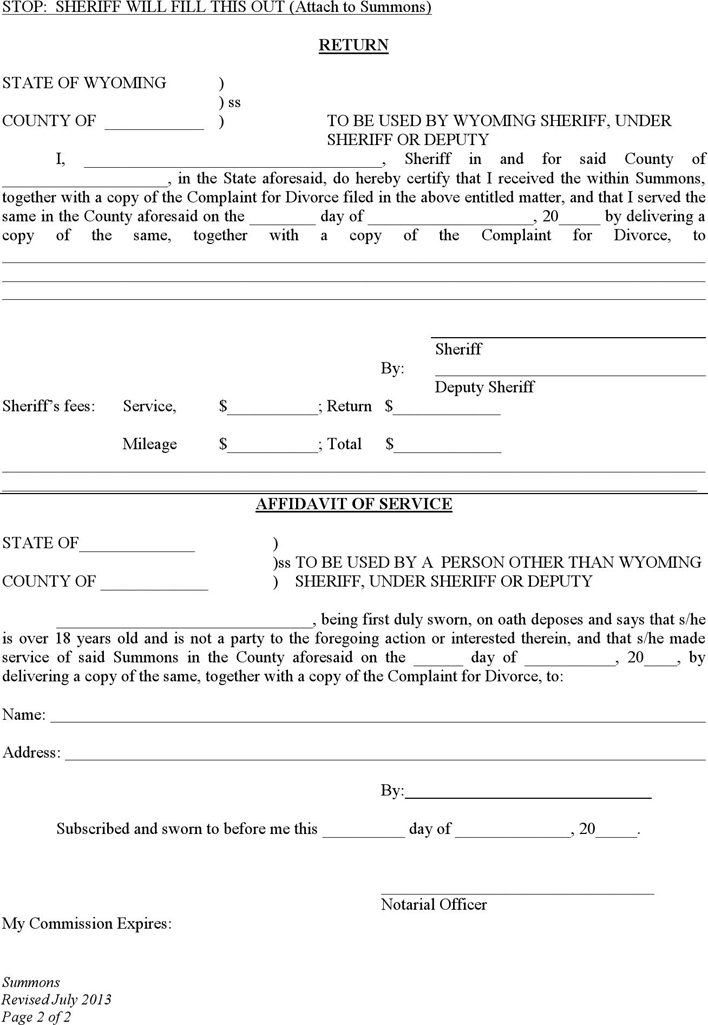Wyoming Summons (No Children) Form Page 2